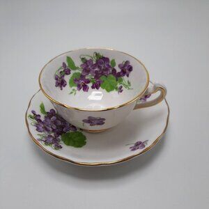 Melba Purple Violets Teacup Saucer Gold Trim Floral Vintage England Collectible